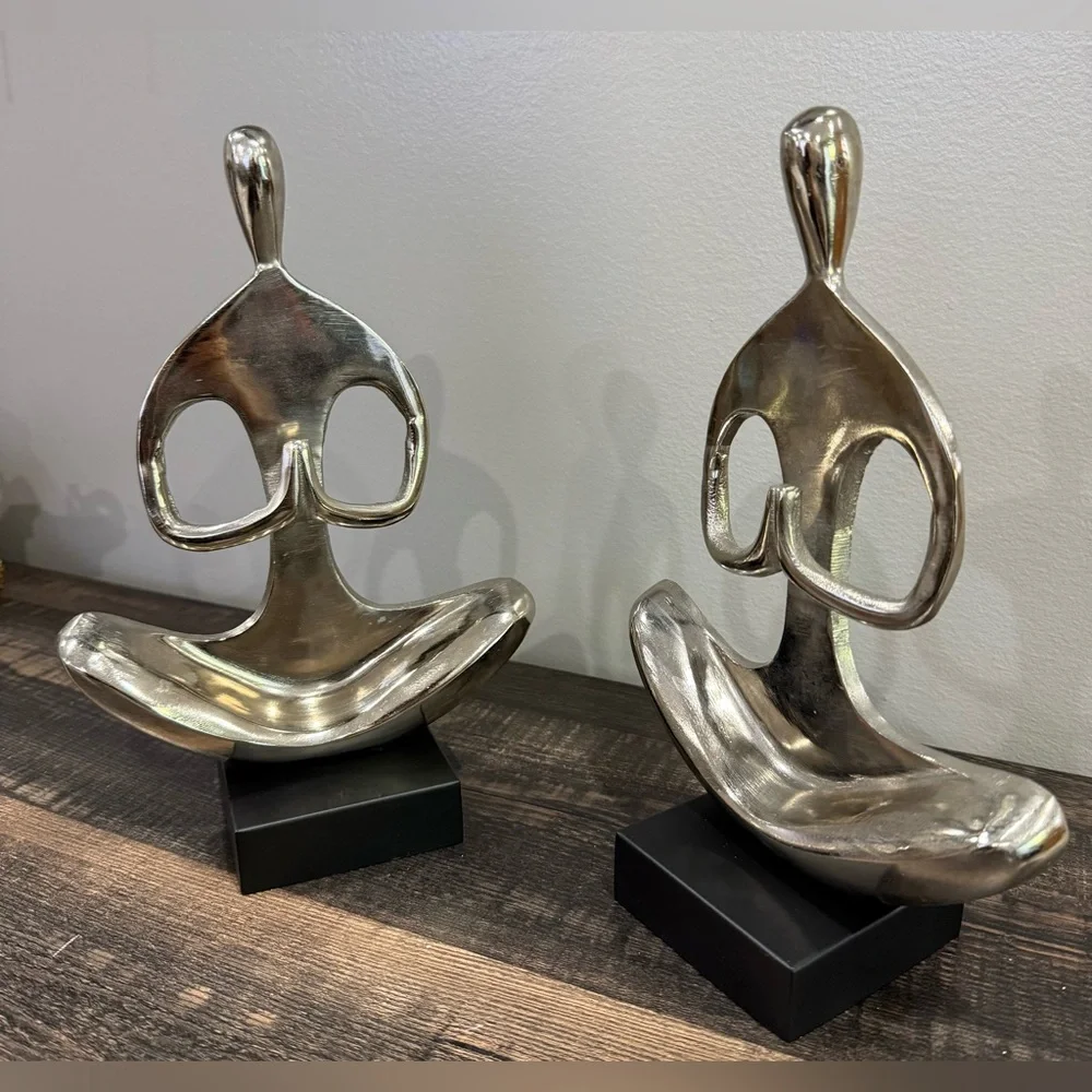 Zen Yoga Arms Down Sculpture Pair Meditation Pose Aluminum Silver Tone Figurine - Picture 3 of 11
